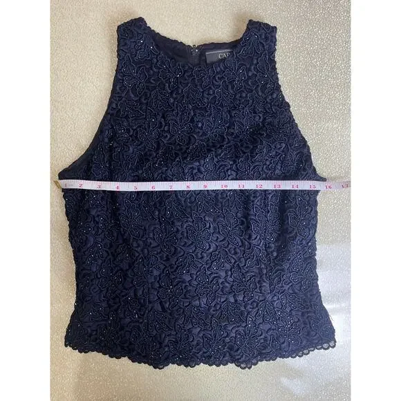 Carmen Marc Valvo Navy Lace Beaded Sleeveless Top – Size 4 - Picture 8 of 9